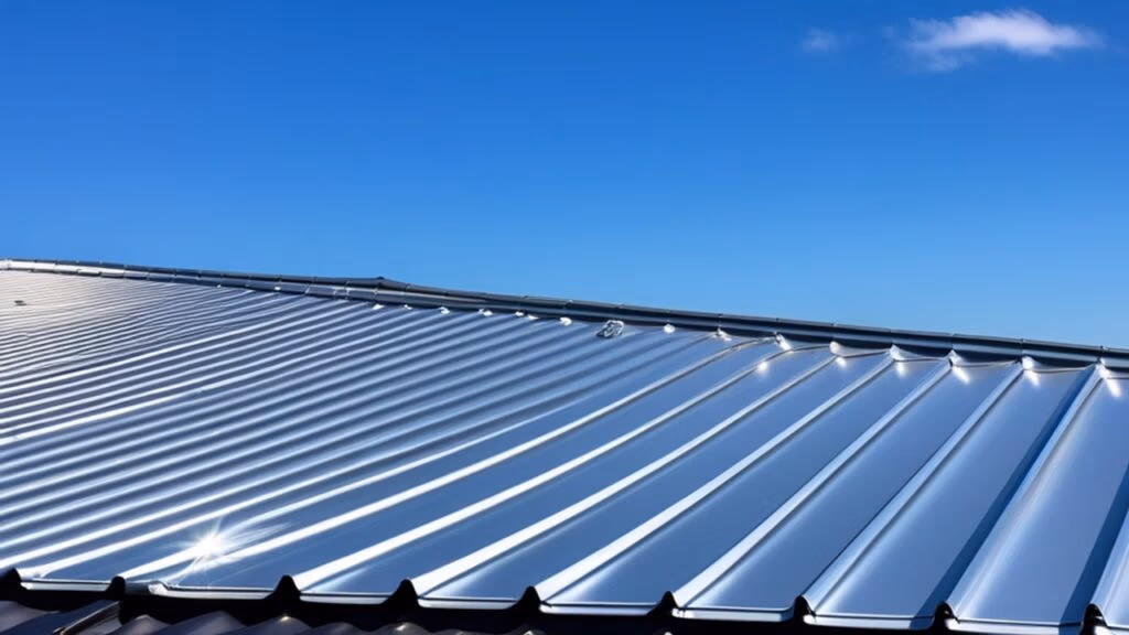 Assorted types of commercial metal roofing materials displayed, showcasing various colors and textures, emphasizing durability and style options
