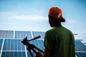 a person with a camera looking at solar panels
