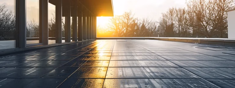 a modern, sleek rooftop covered in durable, black modified bitumen material gleaming under the bright sunlight.