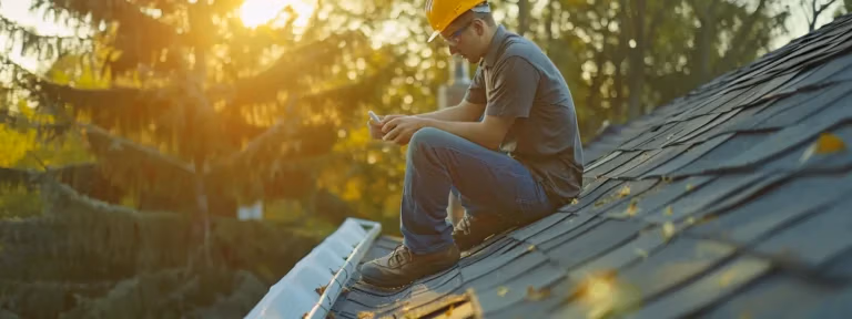 a skilled roofer inspecting a leaky roof with precision and expertise.