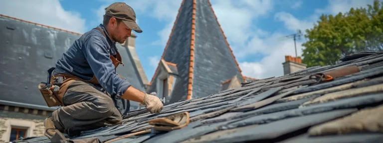 a skilled craftsman carefully restoring a weathered slate roof, meticulously aligning and securing each individual slate tile with precision and expertise.