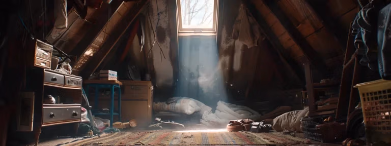 a dusty attic with a single, clear skylight illuminating the cluttered space, debunking the myth of the need for multiple ventilation points.