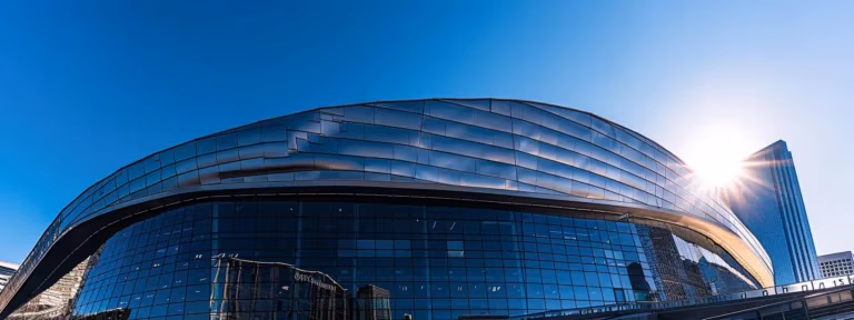 a striking, sunlit commercial building in minneapolis showcases its robust new metal roof, reflecting a blend of modern architecture and durability against the clear blue sky.