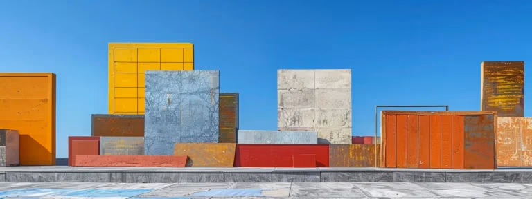 a vibrant display of various top flat roof repair materials arranged artistically on a sunlit rooftop, showcasing their unique textures and colors against a clear blue sky.