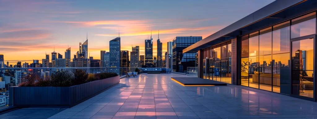 a modern urban rooftop showcases a variety of innovative rubber roofing systems, demonstrating sleek designs and textures under bright, even lighting, with the city skyline elegantly framing the background.
